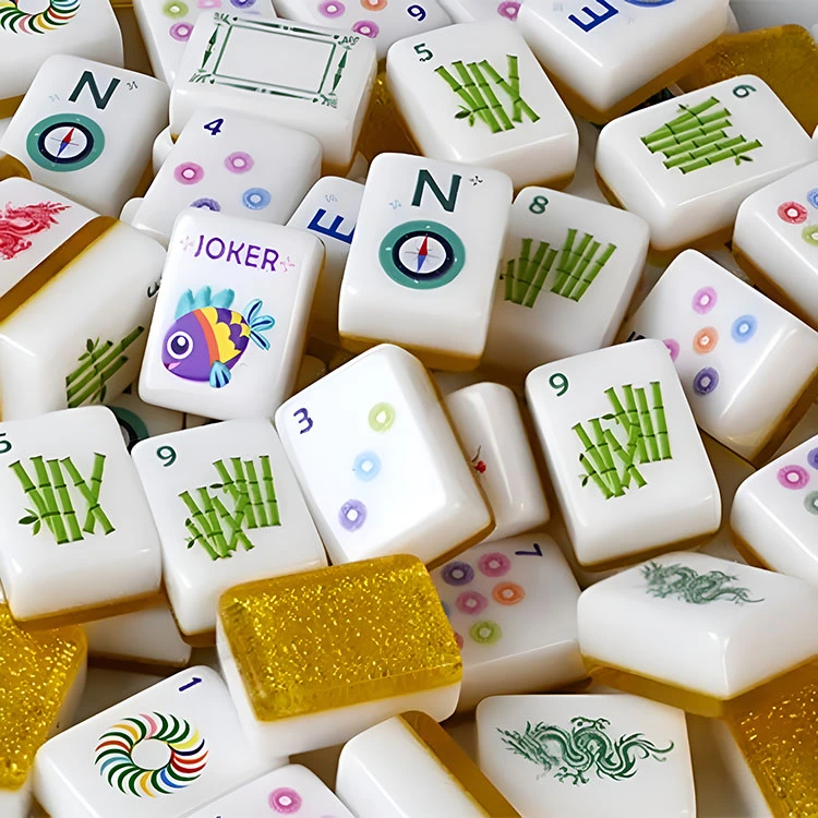 Azulejos de Mahjong acrílicos com brilho dourado
